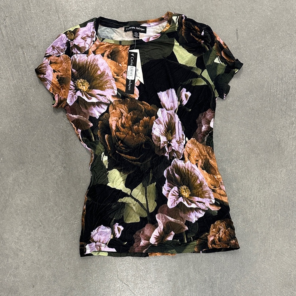 Catherine Malandrino Black and Pink Floral Short Sleeve Top
